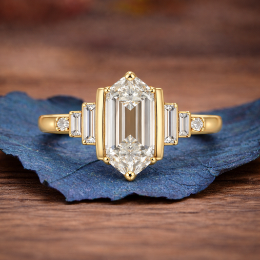 Half Bezel Hexagon Lab Grown Vintage Engagement Ring Art deco Gold Wedding Nature Inspired Rings Anniversary Ring