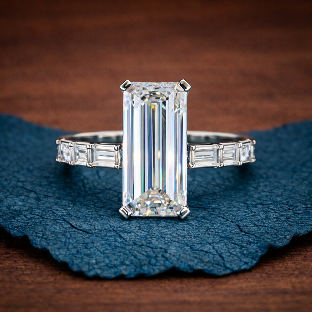 Diamond ring with emerald-cut center stone and baguette side stones on a textured blue and 