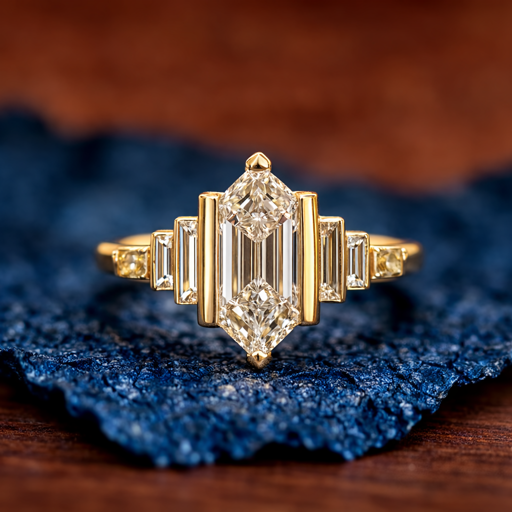 half bezel hexagon lab grown vintage engagement ring art deco gold wedding nature inspired rings anniversary ring