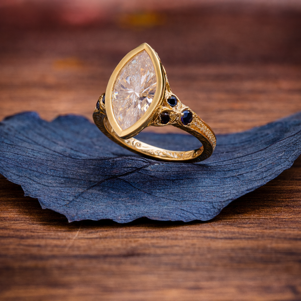 art deco bezel set marquise moissanite engagement ring vintage gold wedding ring