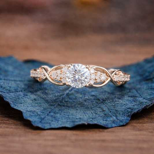 Round Cut Diamond Vintage Inspired Engagement Ring with Twisted Gold Band and Side Accents | Elegant Moissanite Diamond Ring