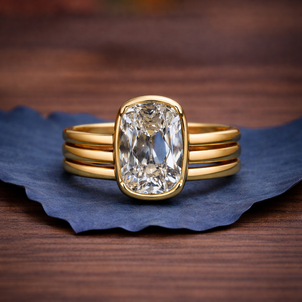 half bezel set old mine  elongated cushion moissanite engagement ring antique  gold unique wedding anniversary ring