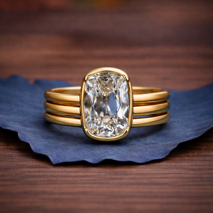 Half Bezel Set Old Mine  Elongated Cushion Moissanite Engagement Ring Antique  Gold Unique Wedding Anniversary Ring