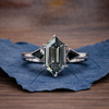 Grey Hexagon Cut Three Stone Engagement Ring in White Gold | Modern Geometric Vintage Inspired Moissanite Diamond Ring