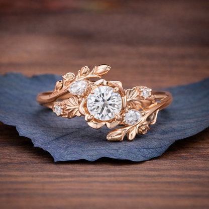 Nature Inspired  Round Moissanite Vintage Engagement Ring Set Art Deco Gold Bridal Wedding Ring Sets