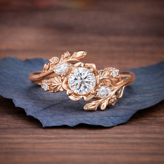 Nature Inspired  Round Moissanite Vintage Engagement Ring Set Art Deco Gold Bridal Wedding Ring Sets