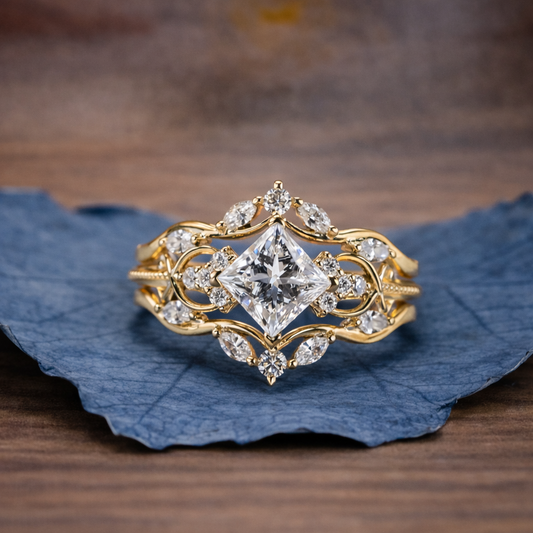 Art Deco Princess Moissanite Vintage Engagement Ring Set Bridal Wedding Nature Inspired Anniversary Sets