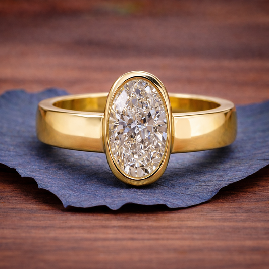 Half Bezel Oval Cut Moissanite Engagement Ring Unique Gold Wedding Anniversary Ring