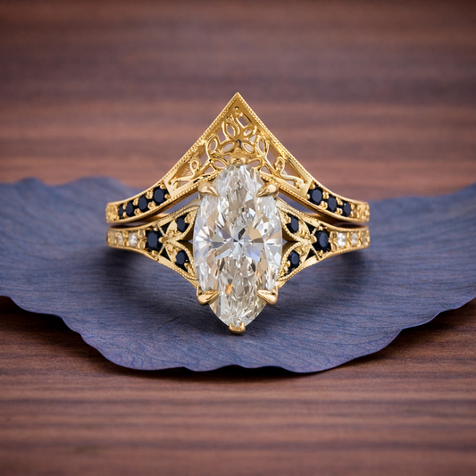 Vintage Marquis Moissanite  Engagement Ring Set Art Deco Bridal Set Gold Wedding Ring Set