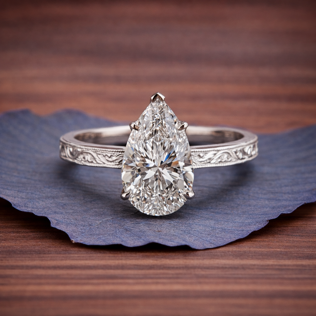 double claw prong pear moissanite engagement ring hidden halo  wedding engraved band ring