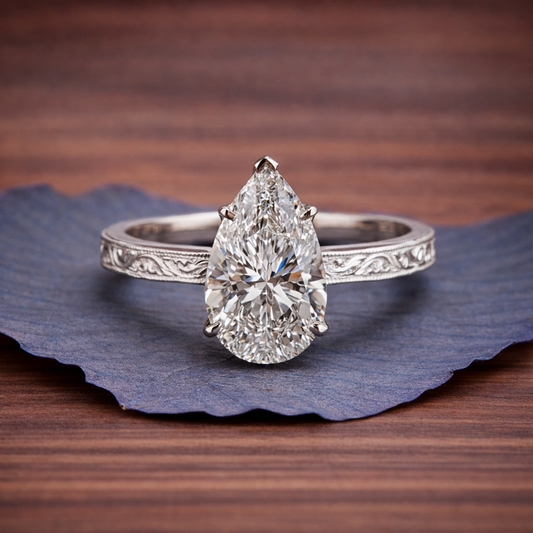 Double Claw Prong Pear Moissanite Engagement Ring Hidden Halo  Wedding Engraved Band Ring