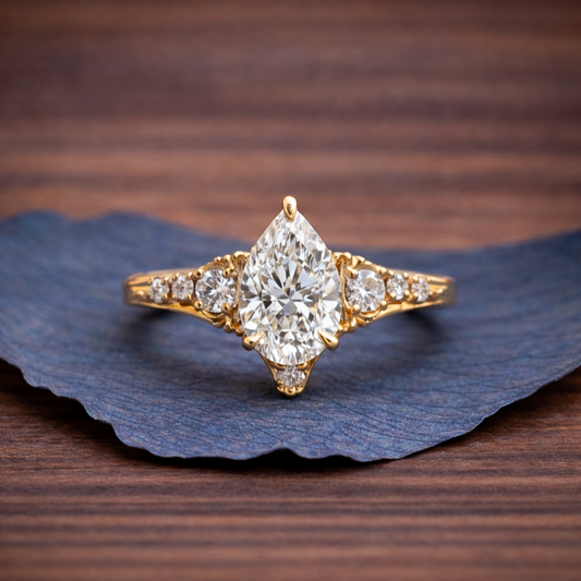Vintage Pear Moissanite Art Deco Engagement Ring Cluster Gold Wedding Nature Inspired Ring
