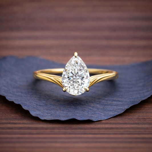 Bypass  Pear Moissanite Diamond Engagement Ring Yellow Gold Engraved Band Vintage Solitaire Luxury