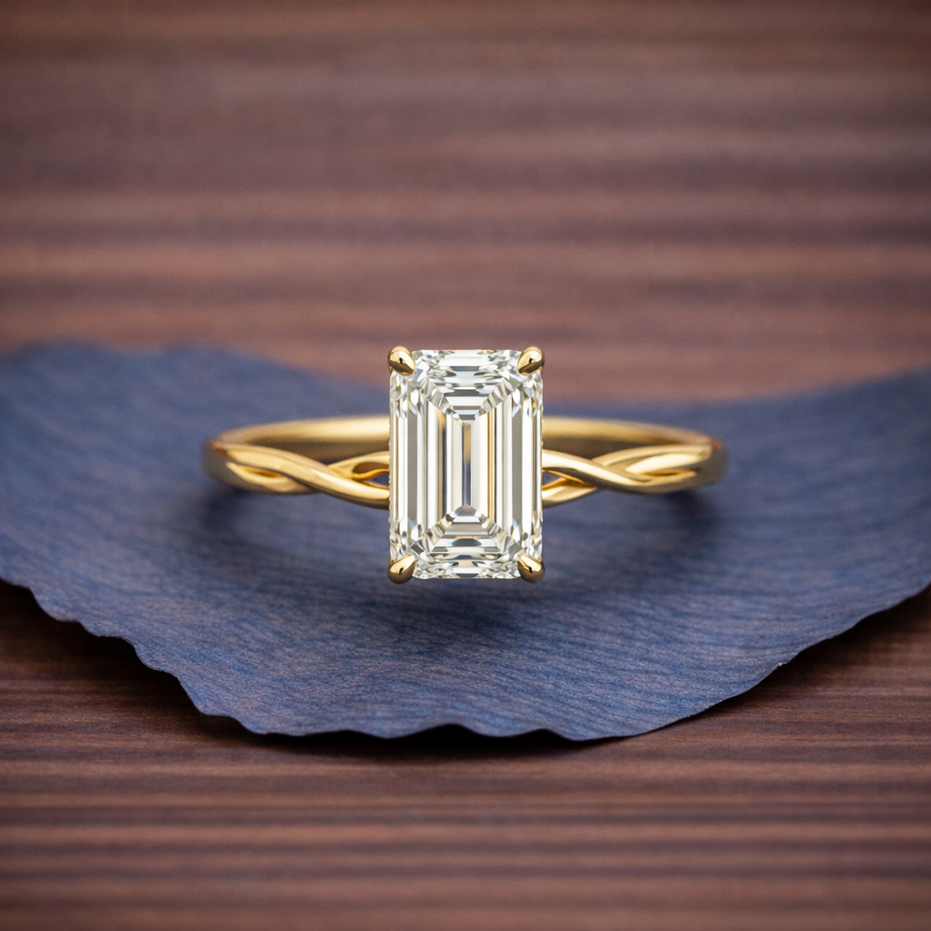 twisted band  emerald moissanite hidden halo engagement ring gold wedding anniversary ring