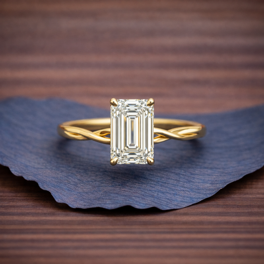 Twisted Band  Emerald Moissanite Hidden Halo Engagement Ring Gold Wedding Anniversary Ring