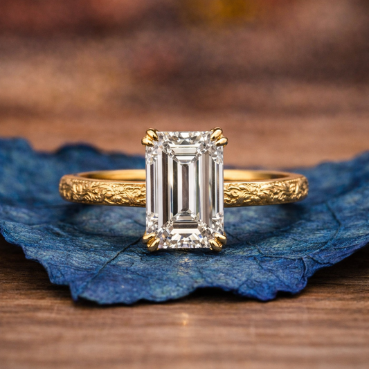 Double Claw Prong Emerald Moissanite Vintage Engagement Ring Engraved Band Art Deco Gold Wedding Ring