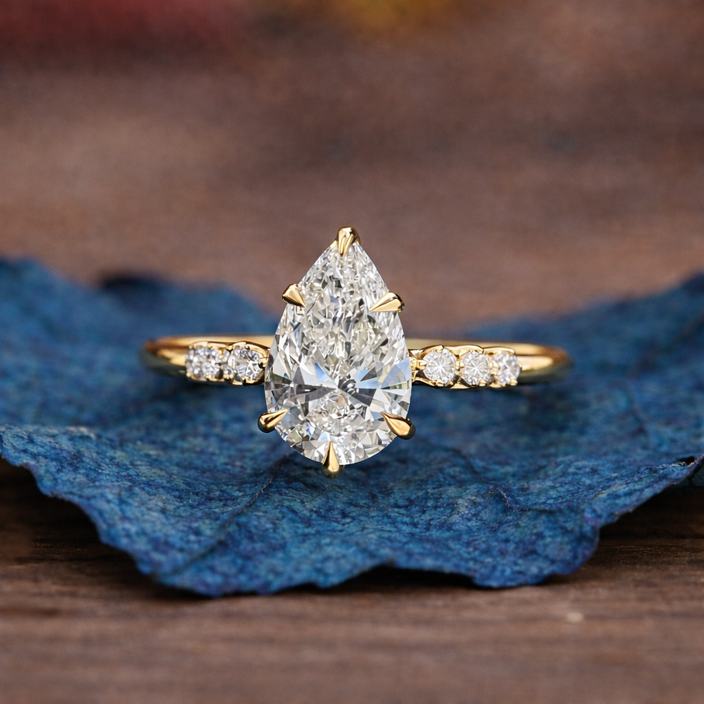 Gold ring with a pear-shaped diamond on a blue leaf