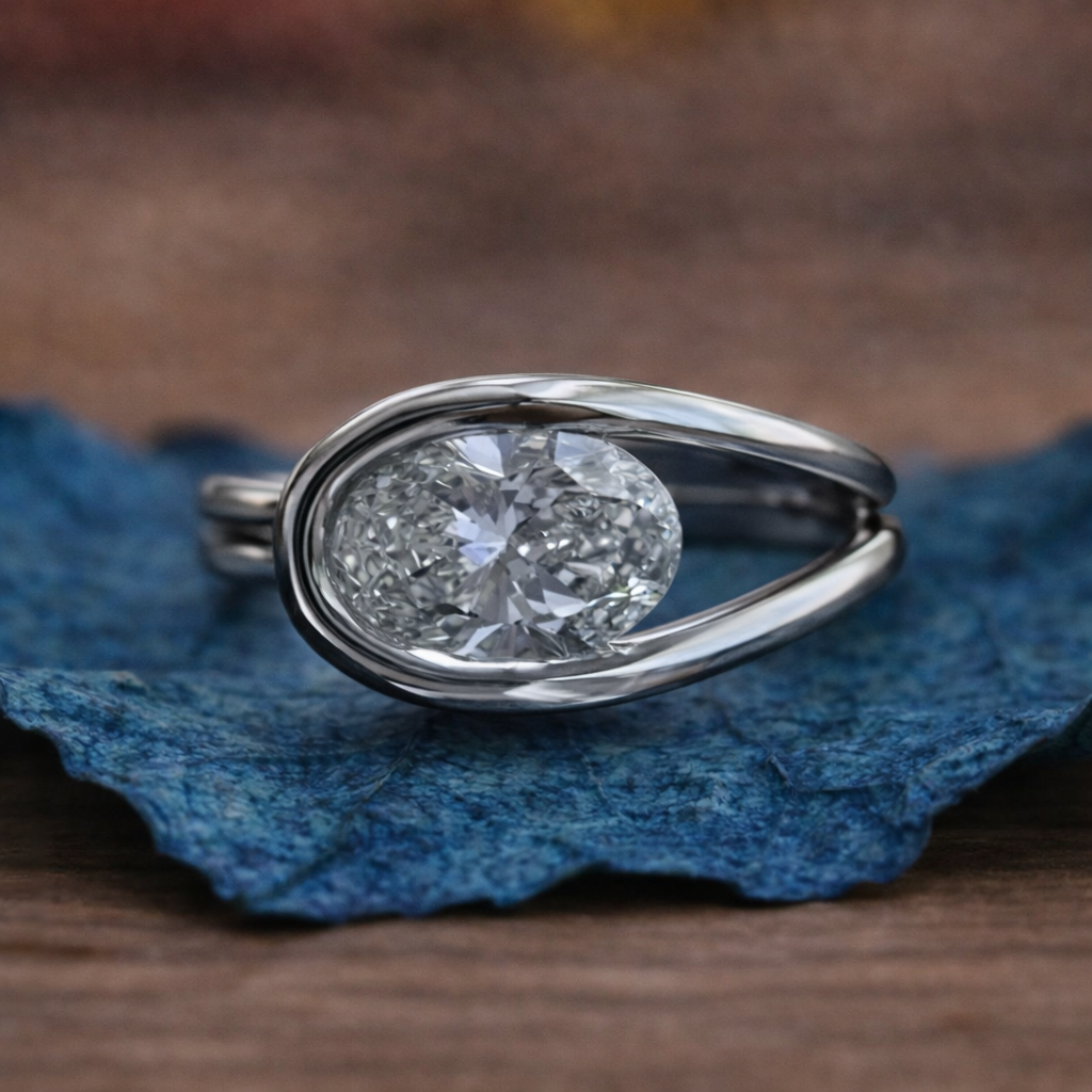 silver ring with a diamond on a blue leaf