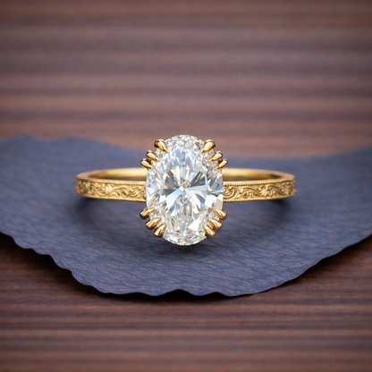 Oval Moissanite Engagement Ring Gold Engraved Band Vintage Claw Prong Solitaire Ring