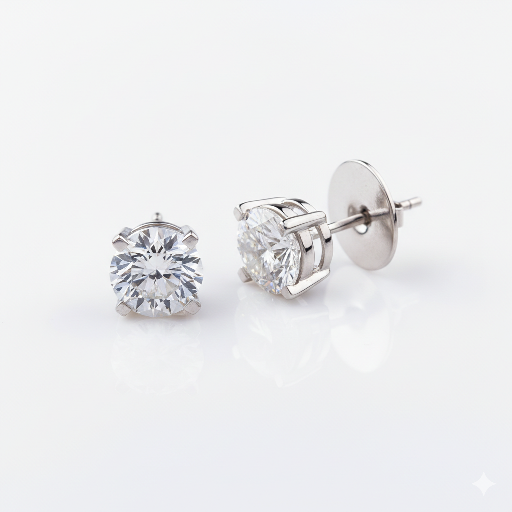 925 silver stud earring studded with 5 mm round cut in moissanite diamond by claire diamonds