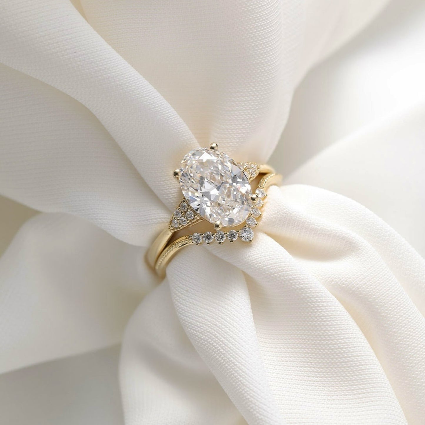 oval lab grown bridal engagement ring set vintage inspired wedding ring set