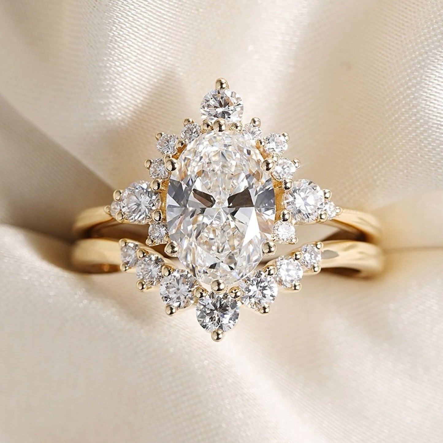 oval cut lab grown engagement ring set gold bridal wedding ring set