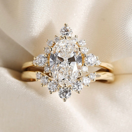 Oval Cut Moissanite Engagement Ring Set Gold Bridal Wedding Ring Set