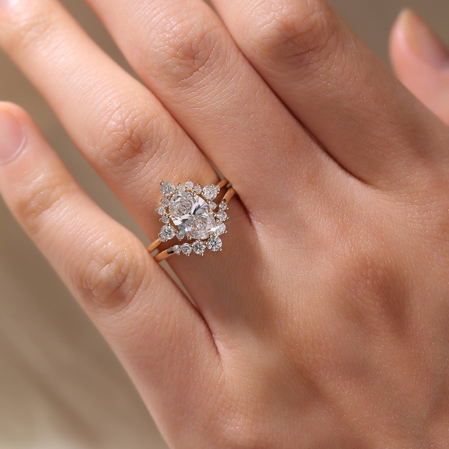 oval cut lab grown engagement ring set gold bridal wedding ring set