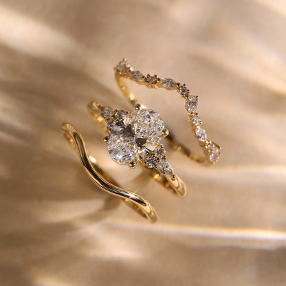 Oval Lab Grown Engagement Ring Set Gold Bridal Wedding Ring Set