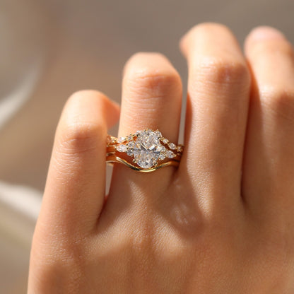 Oval Lab Grown Engagement Ring Set Gold Bridal Wedding Ring Set