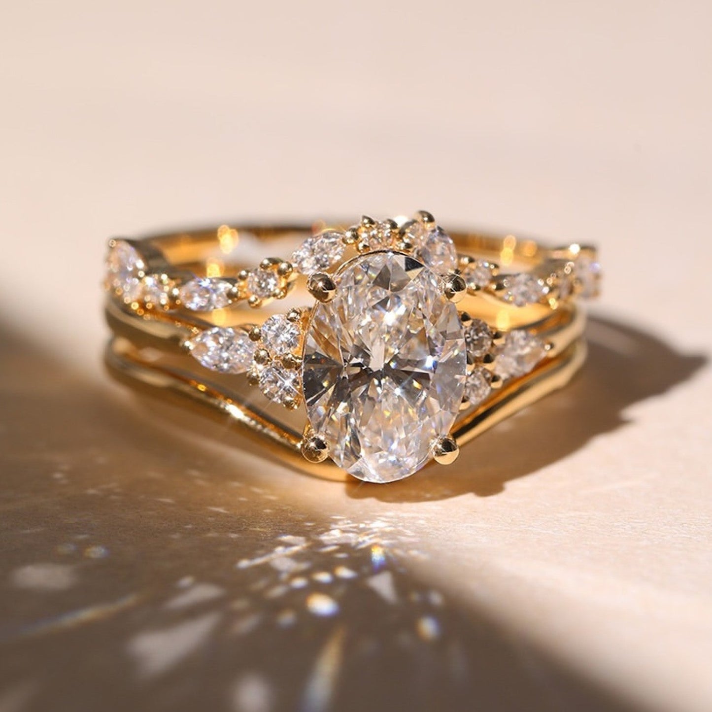 oval lab grown engagement ring set gold bridal wedding ring set