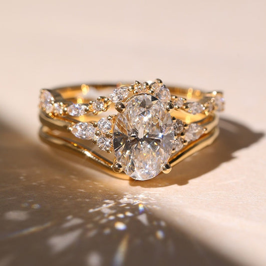 Oval Moissanite Engagement Ring Set Gold Bridal Wedding Ring Set