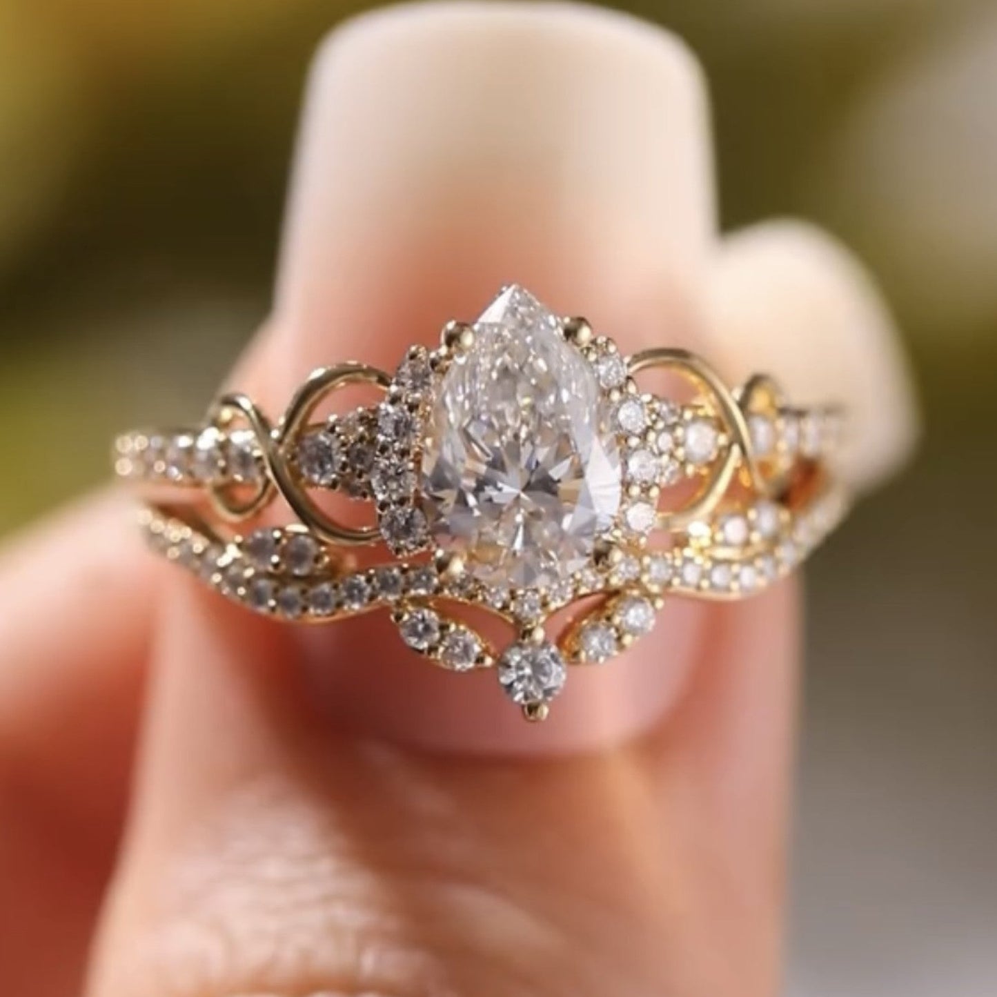 pear cut lab grown engagement ring set solid gold bridal set