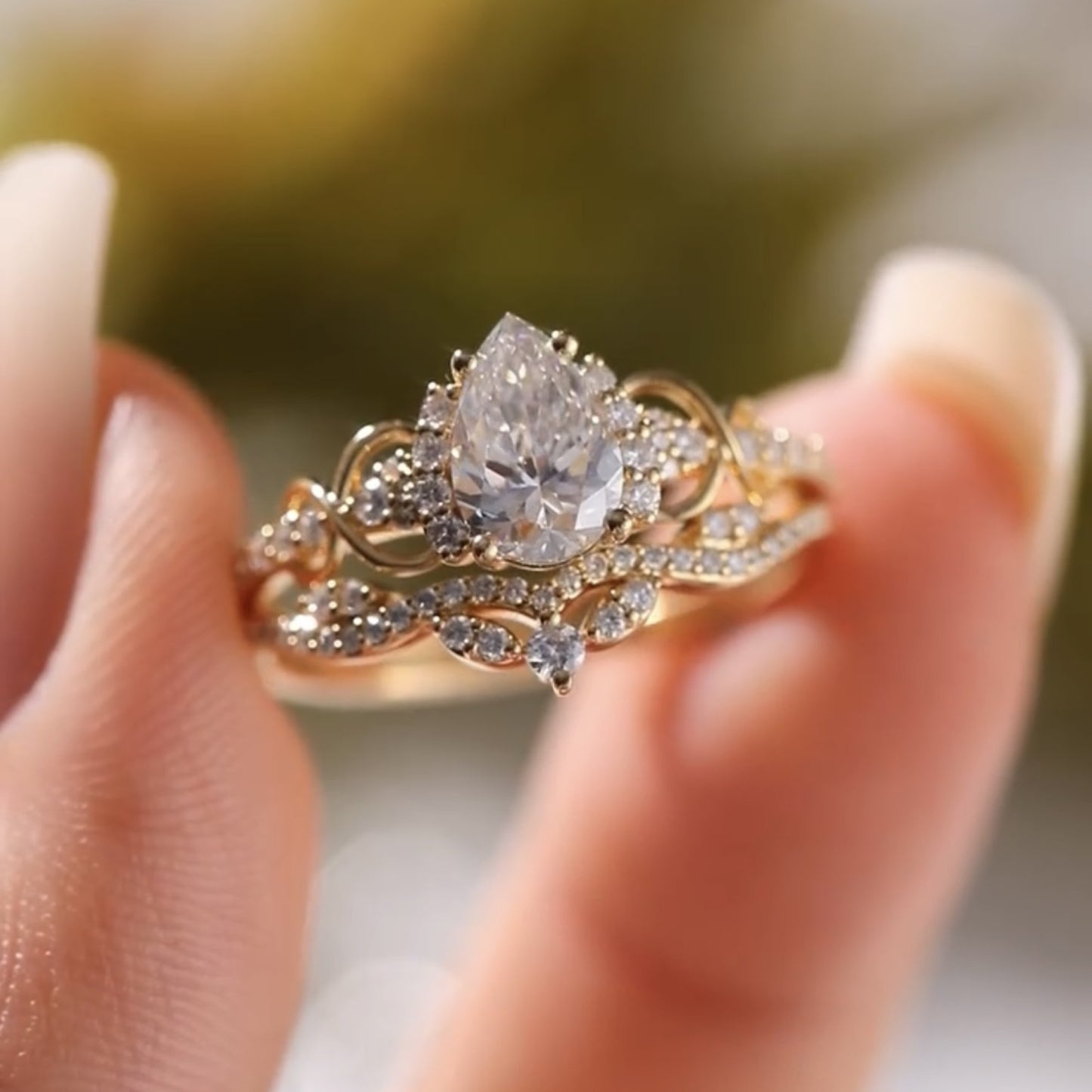 pear cut lab grown engagement ring set solid gold bridal set