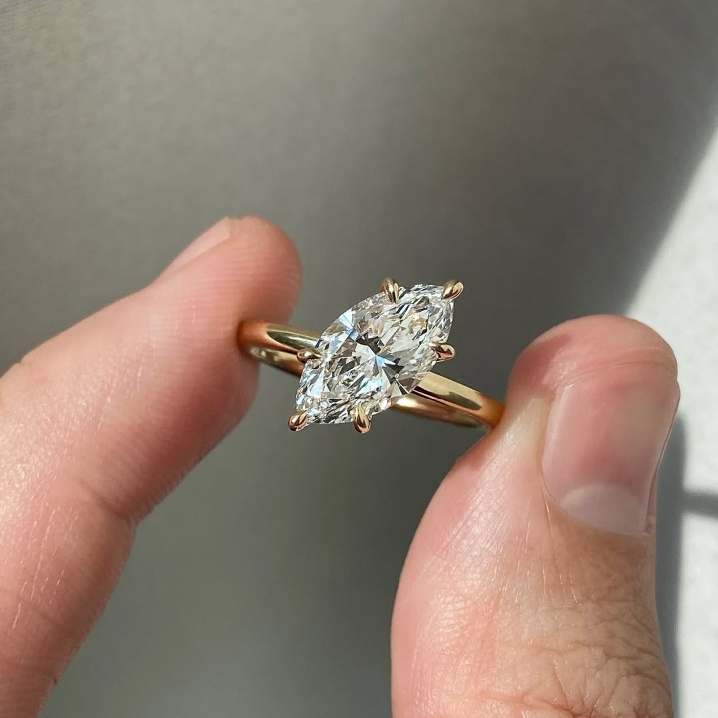 east west marquise lab grown engagement ring gold solitaire ring