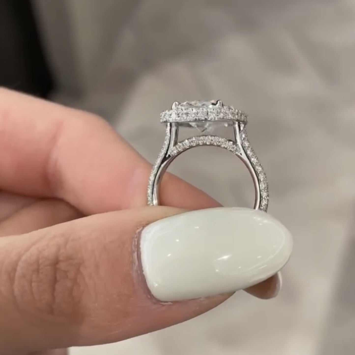 old mine elongated cushion lab grown engagement ring halo set wedding ring