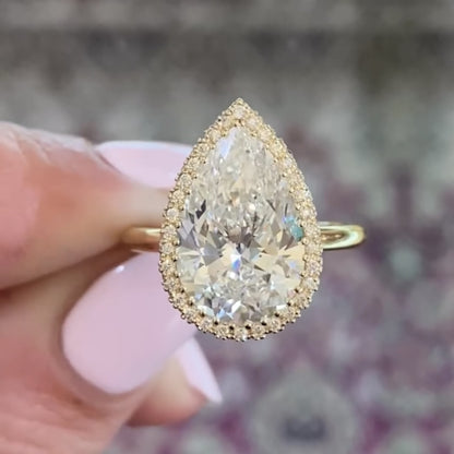 Halo Set Pear Lab Grown Engagement Ring bridal Gold Wedding Ring