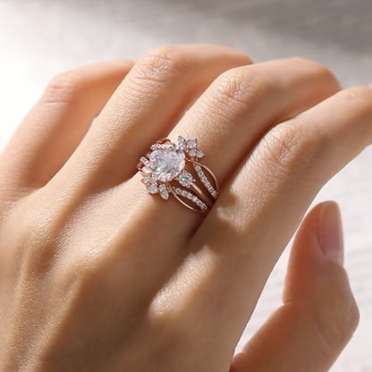 Oval Moissanite Engagement Ring Set Bridal Gold Wedding Ring Set