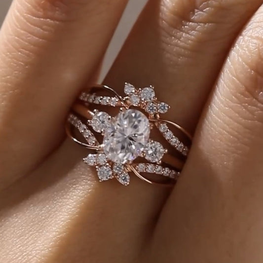 Oval Moissanite Engagement Ring Set Bridal Gold Wedding Ring Set