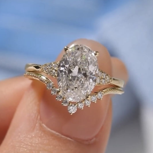 Oval Moissanite Bridal Engagement Ring Set Vintage Inspired Wedding Ring Set