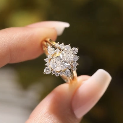 Oval Cut Lab Grown Engagement Ring Set Gold Bridal Wedding Ring Set