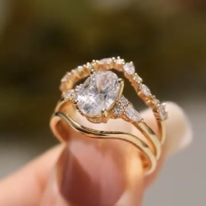 Oval Lab Grown Engagement Ring Set Gold Bridal Wedding Ring Set