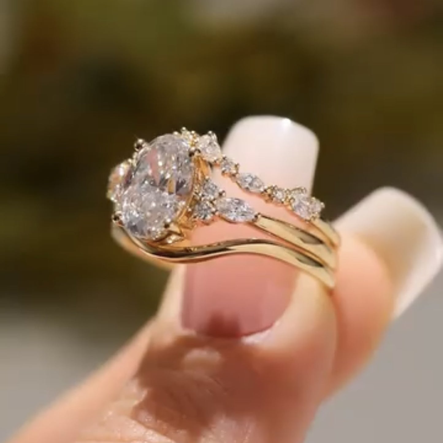 oval lab grown engagement ring set gold bridal wedding ring set