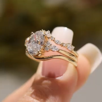 Oval Lab Grown Engagement Ring Set Gold Bridal Wedding Ring Set