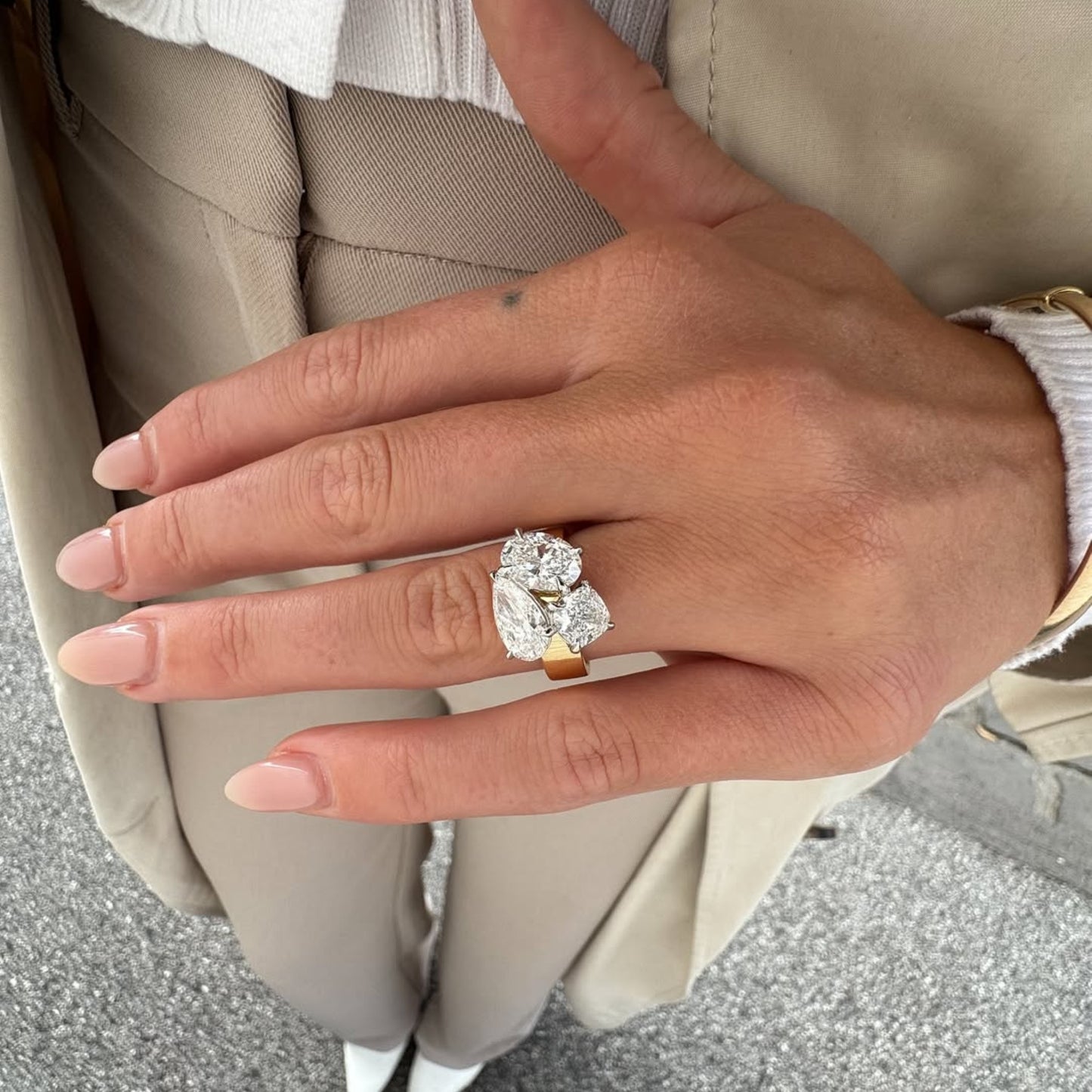 5.00 tcw three stone pear and oval and cushion moissanite engagement ring solid gold wedding ring past present future ring anniversary ring
