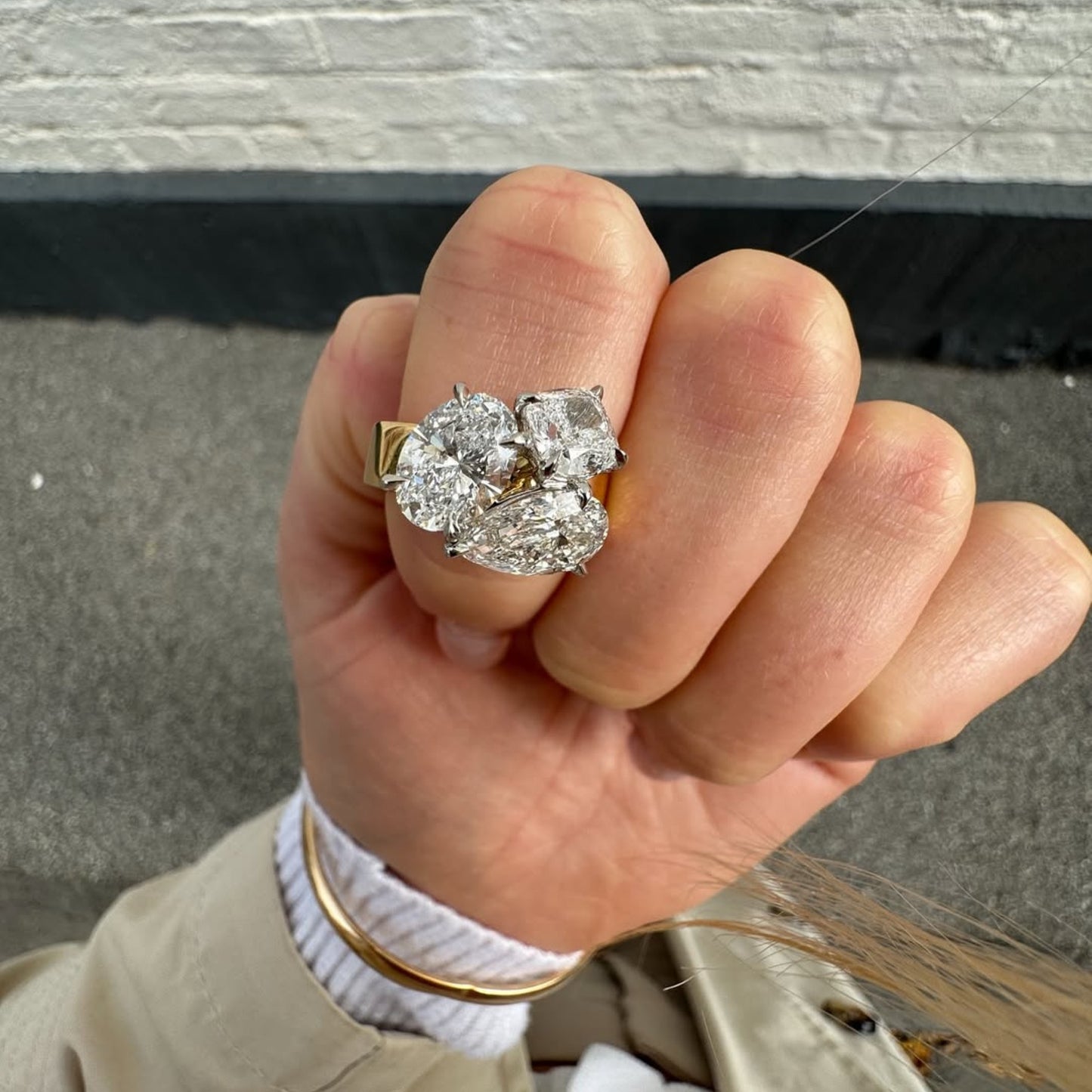 5.00 tcw three stone pear and oval and cushion moissanite engagement ring solid gold wedding ring past present future ring anniversary ring