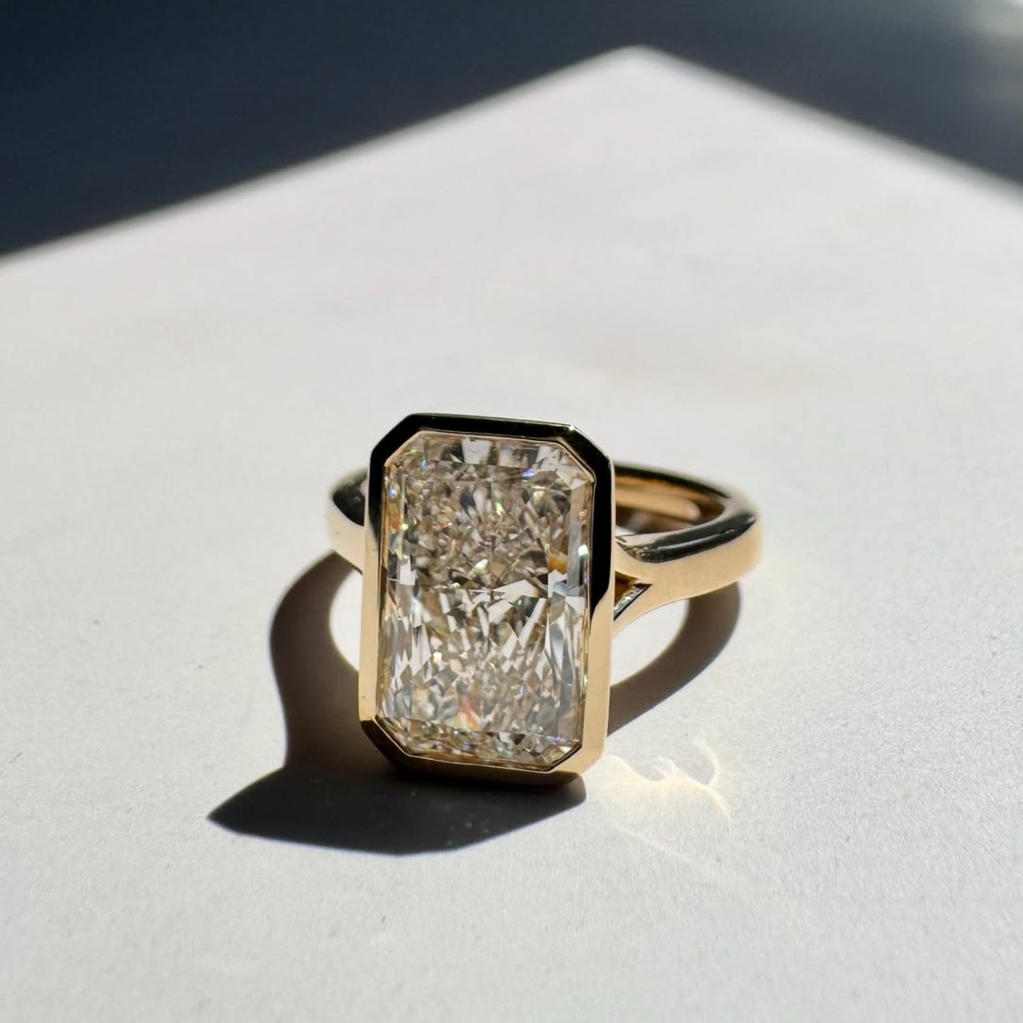 bezel set radiant cut moissanite solitaire engagement ring split shank wedding anniversary promise ring for women