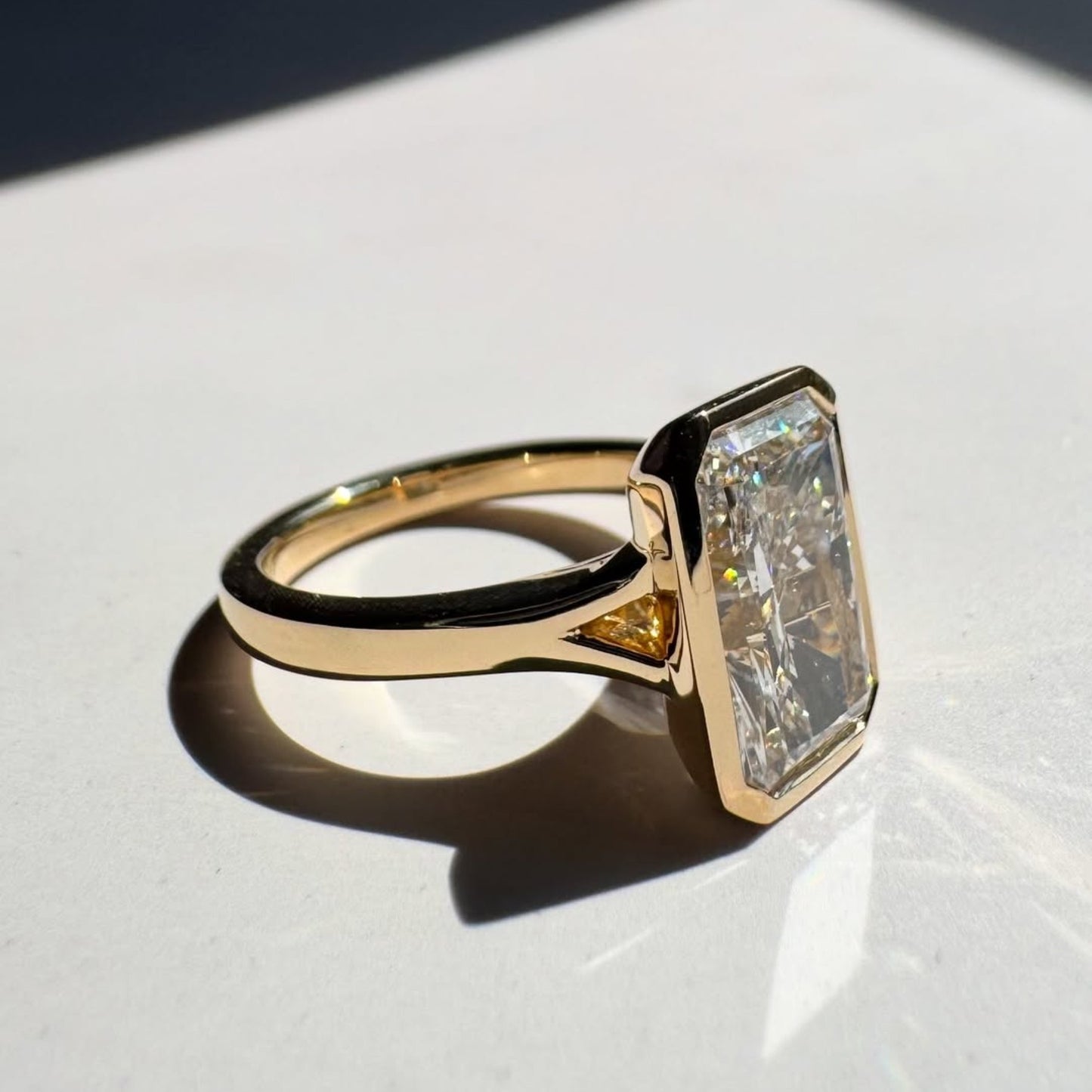 bezel set radiant cut moissanite solitaire engagement ring split shank wedding anniversary promise ring for women