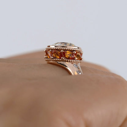 Bezel Set Round Lab Grown Engagement Ring Orange Marquise Hidden Halo Wedding Ring Anniversary Rings For Women