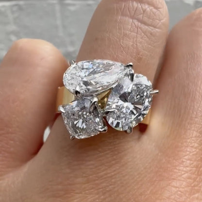 5.00 TCW Three Stone Pear And Oval And Cushion Moissanite Engagement Ring Solid Gold Wedding Ring Past Present Future Ring Anniversary Ring